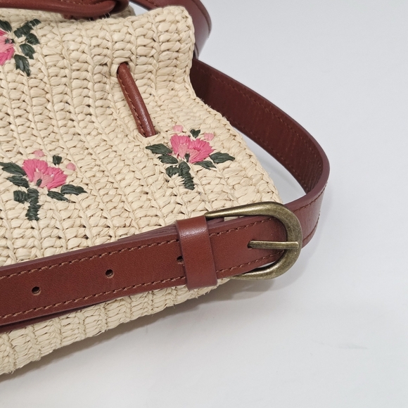 SEZANE MINI FARROW RAPHIA CROSSBODY BUCKET BAG SMALL PINK FLORAL EMBROIDERY - Picture 5 of 11